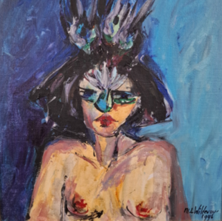 Acryl schilderij, Maya Wildevuur, Portret met masker, 1996